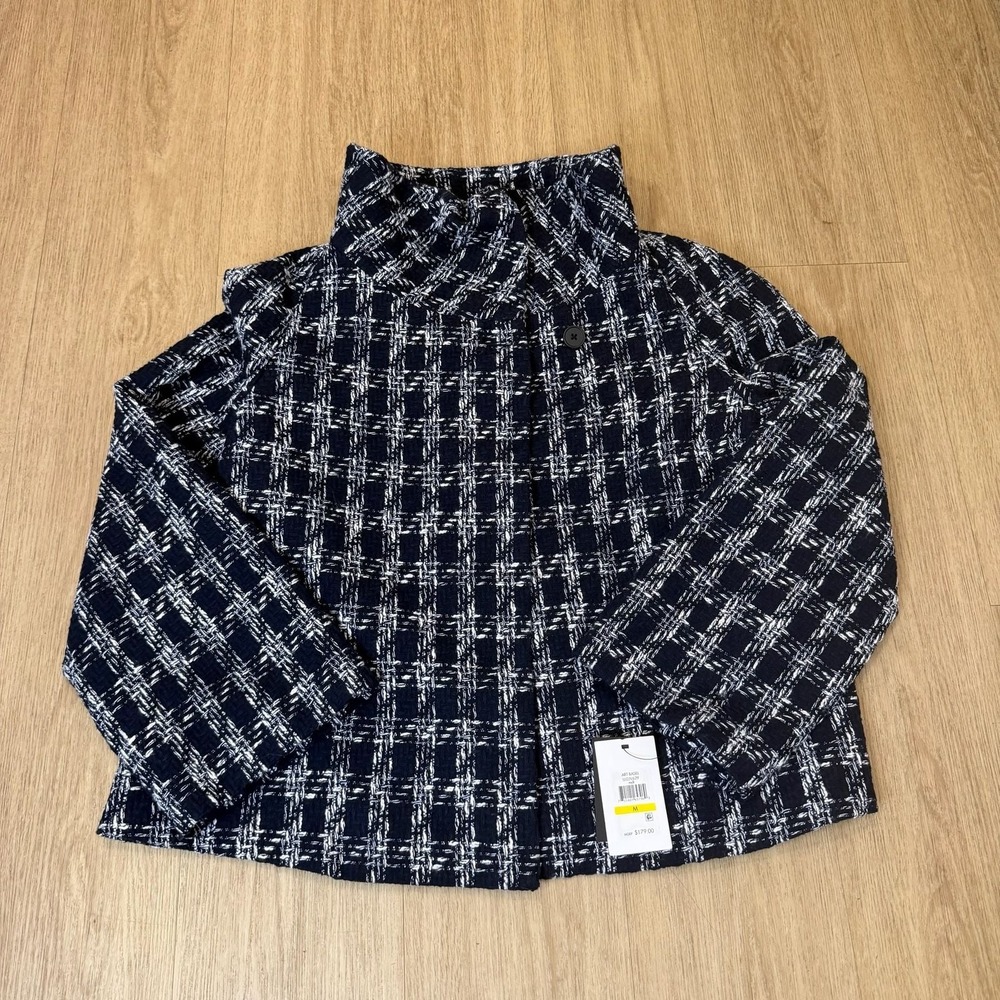 DKNY Art Basel Navy White Plaid Tweed Funnel Neck Jacket womens M
